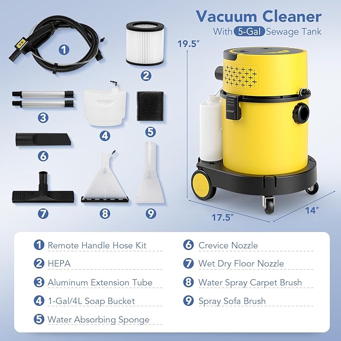 COSTWAY Wet Dry Vacuum Cleaner, 4-in-1 Portable Carpet & Upholstery Cleaner Machine with 5.5 Peak HP & 17 KPA Max Suction, Shampoo Vac Cleaner with Attachments for Floor, Stair, Sofa, Car, Gap
