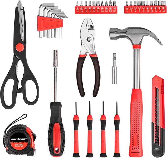 CARTMAN 39-Piece Home Tool Set Kit, Essential Household Hand Tools with Plastic Storage Case, Red