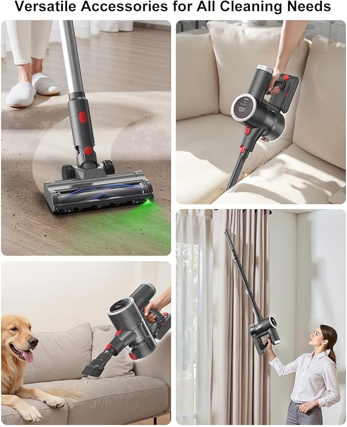 Cordless Vacuum Cleaner, 6-in-1 Lightweight Stick Vacuum with 45mins Runtime, LED Display & Light, Self-Standing, Rechargeable Cordless Vacuum for Carpet, Tile, Pet Hair, Hardwood Floors (Gray)