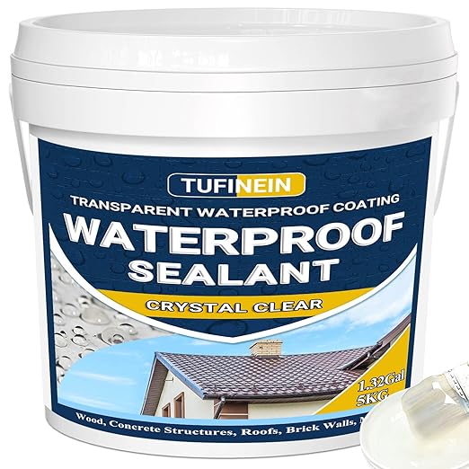 Transparent Waterproof Coating, TUFINEIN 1.32 Gallon Invisible Waterproof Agent Indoor & Outdoor Sealant Water-Based Clear Sealant Roofs, Walls, Garden, Terraces