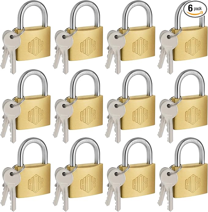 HOX Solid Brass Keyed Different Padlock with 1-9/16-Inch Wide Body, Brass Cylinder - for Hasp Latch, Sheds, Fences, Storage Locker, 12-Pack