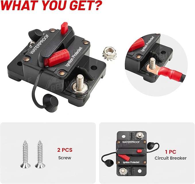 RED WOLF 20A Circuit Breaker Holder W/Manual Reset Switch 12-48V DC for Boat Trolling Motor Marine ATV Trailer Vehicles Stereo Audio Electronic Battery Fuse Solar Power System, 20 Amp Screws