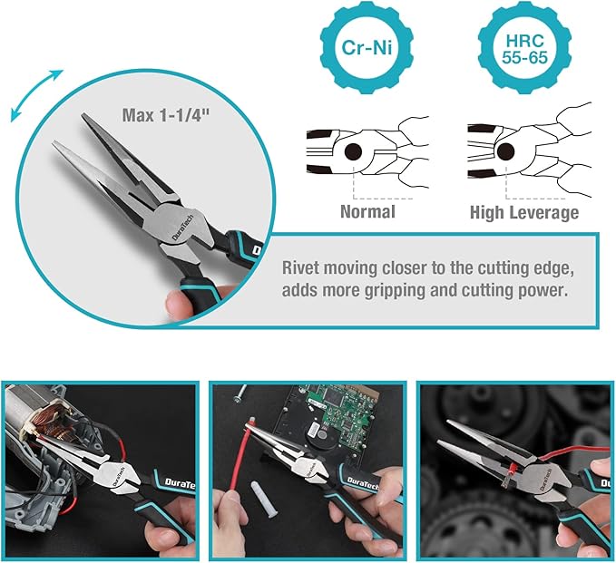 DURATECH 4-Piece Pliers Set - 8" Long Nose, Slip Joint, Groove Joint Pliers & Adjustable Wrench for Home Use