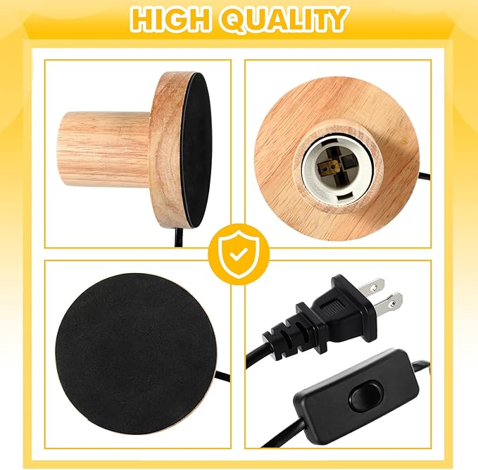 Tuanse 2 Pcs Polished Metal Desktop Lamp Base E26 E27 Screw Light Bulb Holder Sockets Night Light Base Lamp Replacement for Holding Bulb 6 Feet Cord on Off Switch Plug(Wood Color)