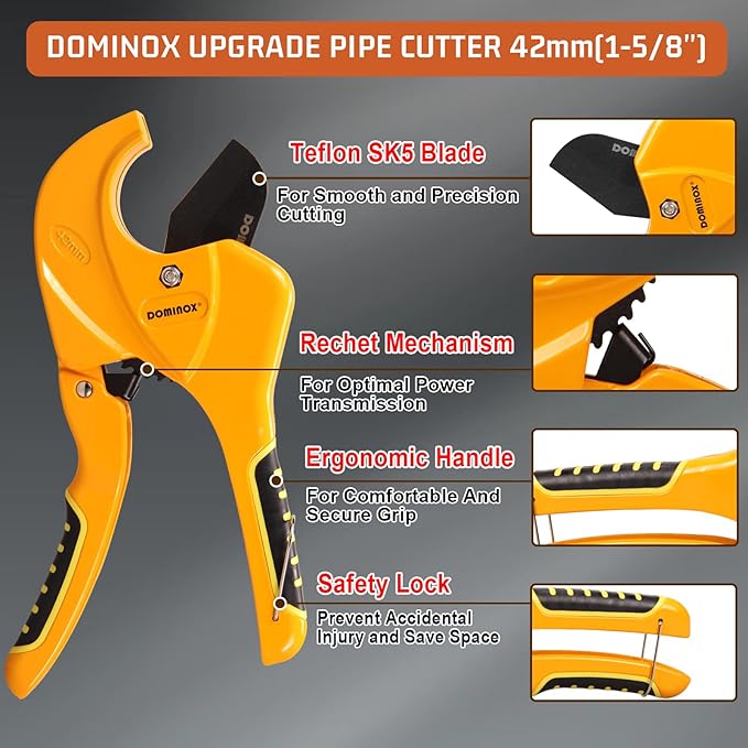 DOMINOX PVC Pipe Cutter, Cuts up to 1-5/8”, Professional Cutting PEX, PVC, and PPR Pipe, Etc, SK5 Blade and Aluminum Alloy Body, One-hand Rapid Cutting Tool for the Pipe