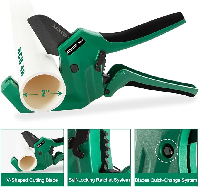 Ratcheting PVC Pipe Cutter- for up to 3-inch OD(Sch 40/80 Pipe) | SKD5 Steel Blade | Professional Plumbing Tool for DIY, Gardening,Plumber(Dark Green,75MM)