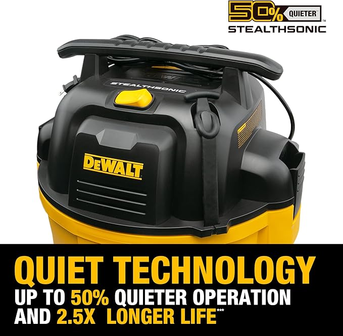 DEWALT 10 Gallon 5.0 Peak HP STEALTHSONIC Shop Vacuum Wet and Dry, Ultra Quiet Wet Dry Vac, Ideal for Jobsite, Garage, Car & Workshop, DXV10P-QT with Attachments & Powerful Suction, Portable Cleaning