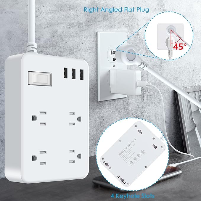 Jgstkcity Outdoor Waterproof Power Strip, 4 Flat Plug Outlets and 3 USB Ports, Mountable Weatherproof Surge Protector, Multi Outlet Extension for Camping, Garden, Kitchen, Bathroom, 6ft Cord (Grey)