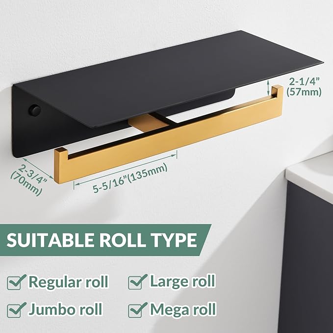 APLusee Double Toilet Paper Holder with Phone Shelf, 304 Stainless Steel Bathroom Tissue Hanger, Wall Mounted Dual Roll Paper Dispenser, Black & Gold