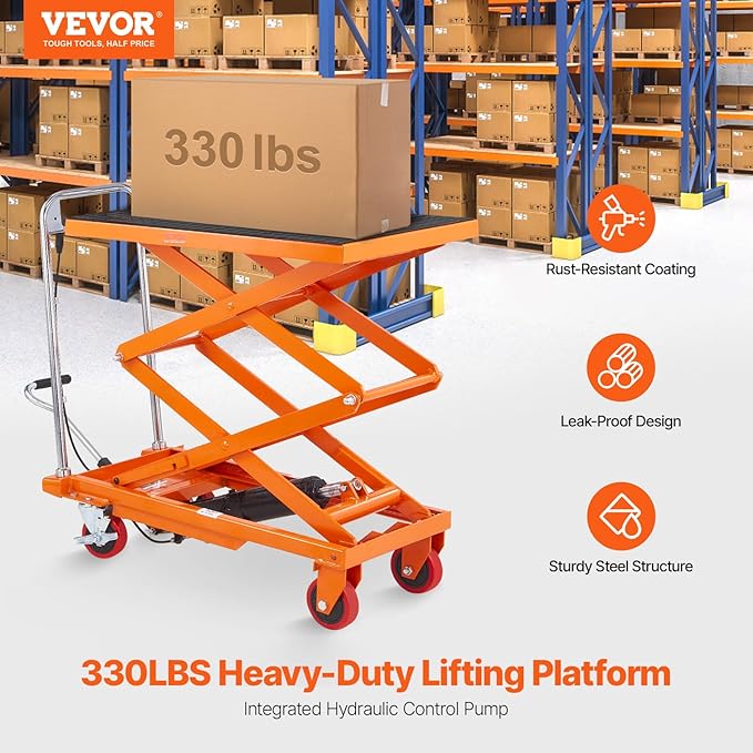 VEVOR Hydraulic Lift Table Cart, 330lbs Load Capacity 50 Inch Lifting Height, Manual Single Scissor Lift Table with Non-Slip Pad and 4 Wheels, Hydraulic Scissor Cart for Material Handling, Orange