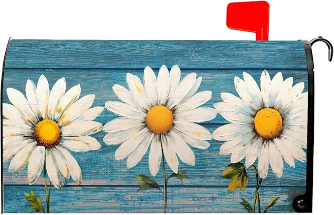 Spring Daisy Mailbox Covers Rustic Blue Old Wood Board Mailbox Covers Magnetic Standard Size 25.5x21 Inch Vintage Floral Waterproof Mail Box Wraps Post Letter Box Covers Garden Yard Outdoor Decor