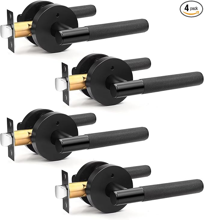 Matte Black Privacy Door Handle Modern, 4 Pack Keyless Interior Door Lever, Knurled Round Door Lock Set for Bedroom and Bathroom, Reversible for Right & Left Side