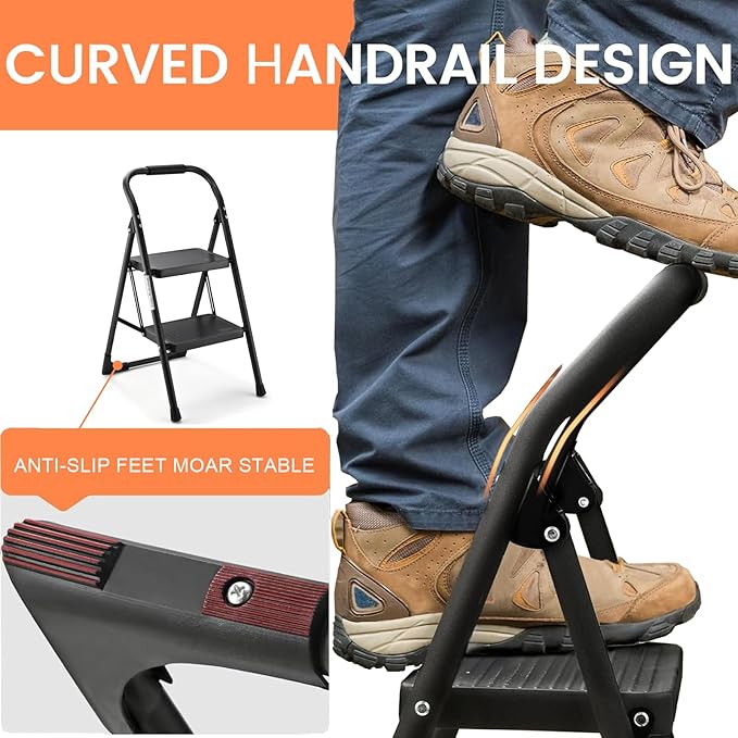 Step Stool for Adults,2 Step Ladder Folding 330lbs Anti Slip Step Stool,Foldable Ergonomic 2 Steel Stool with Wide Pedal for Home, Kitchen, Office (Matte Black)