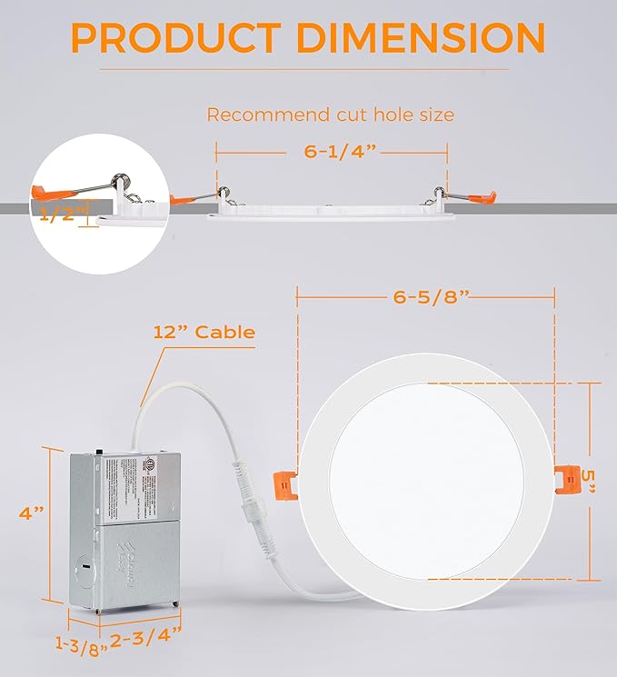 CLOUDY BAY 6 Pack 6 Inch 5CCT Ultra-Thin LED Recessed Ceiling Light with Junction Box,2700K/3000K/3500K/4000K/5000K Selectable,15W Dimmable Canless Downlight,1000LM High Brightness