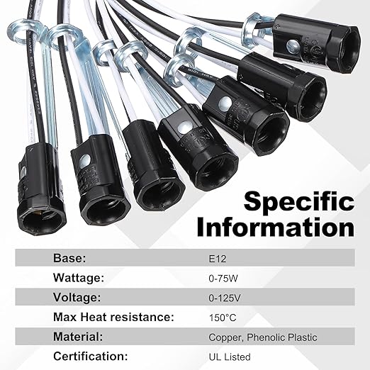 PATIKIL Candelabra Base Lamp Holder Light Socket, 6pcs UL Listed Keyless E12 Bulb Socket with 9.8" Wire Leads for E12 Incandescent LED Light Bulbs, 3.7" Tall