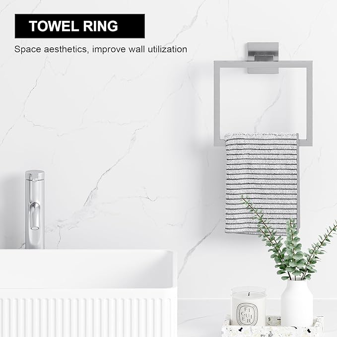 Bathroom Accessory Towel Bar Set: 5 Pieces Brushed Nickel Bathroom Hardware Square SUS304 Stainless Steel - Wall Mounted Towel Rack&Toilet Paper Holder&Towel Ring and Robe Hooks.