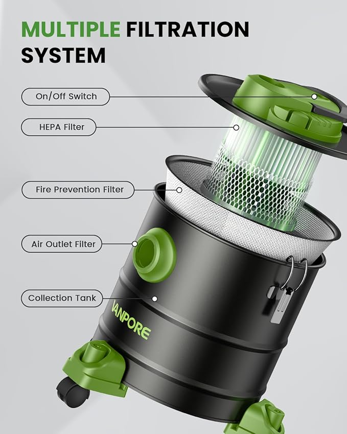 Ash Vacuum Cleaner 5.2 Gallon with 1200w Suction Power&Wheeled Base, Ash Vacuum for Pellet Stoves, Fireplaces, Grill, Wood Stove, Fire Pits,Green