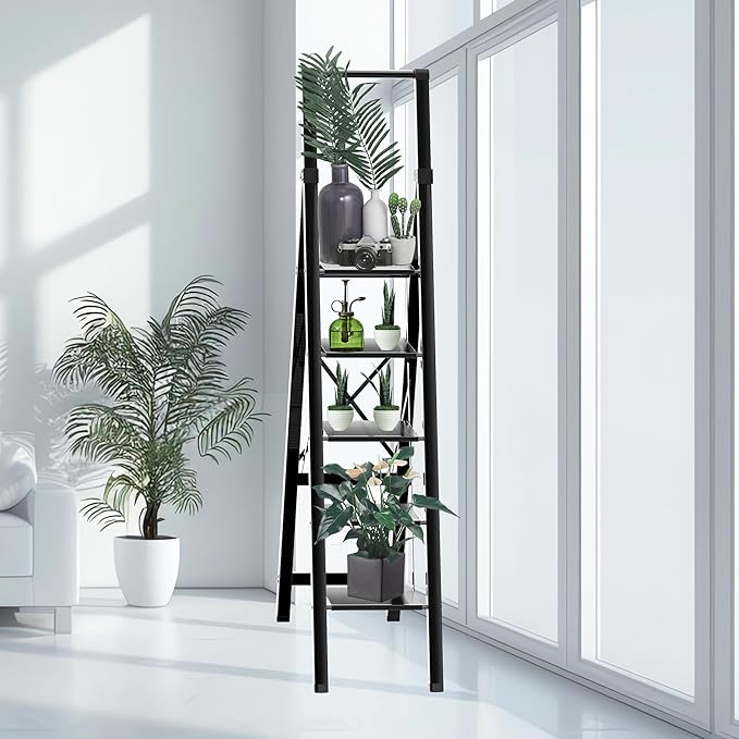 5 Step Ladder Adult Portable Folding Step Stool, Folding Aluminum Step Ladder with Double Padded Treads, Step Ladder with Handle for Home, Kitchen, Outdoor, 330 lb Weight Capacity - Black