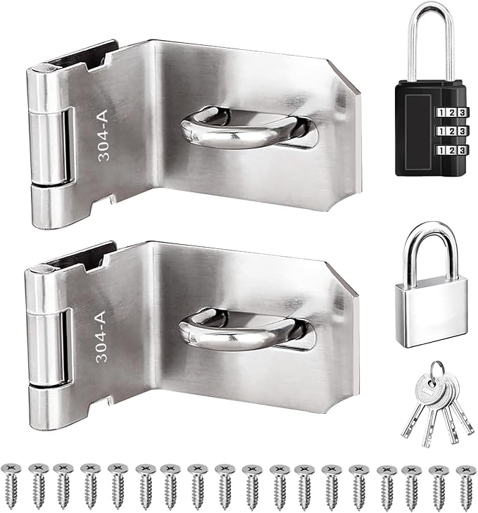 4 Inch Door Locks Hasp Latch 90 Degree 2 Pack,304 Stainless Steel Safety Padlock Clasp Hasp Lock Latch with Combo Lock & Padlock,Heavy Duty Gate Latch Lock with Screws
