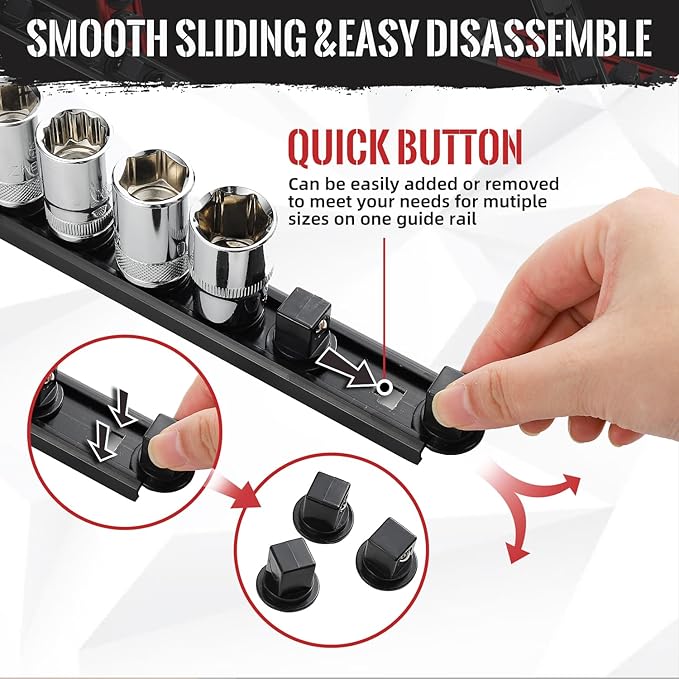 Magnetic Socket Organizer, 3-Piece Heavty Duty Aluminum Socket Holder, Socket Rail for Tool Box, Premium Quality 360° Swivel Socket Rack with 42 Clips for 1/4-Inch(Black)