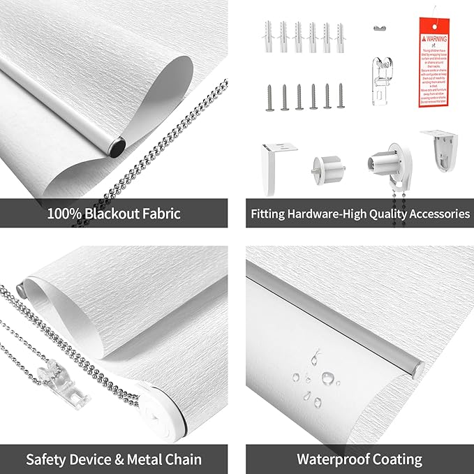 ALLBRIGHT 100% Blackout Roller Blinds Woven Shades with Striped Jacquard, Cordless Window Shades, UV Protection Fabric, Easy-Install for Indoor Home & Office, White Old, 32" W x 72" H