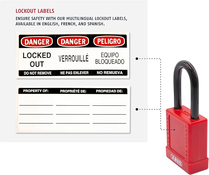 ABUS Red Pack of 10 Lockout Tagout Premium Solid Body Safety Padlock Set - OSHA Compliant Loto Locks Insulated Against Electric Shock, Keyed Different, 1 Key Per Lock