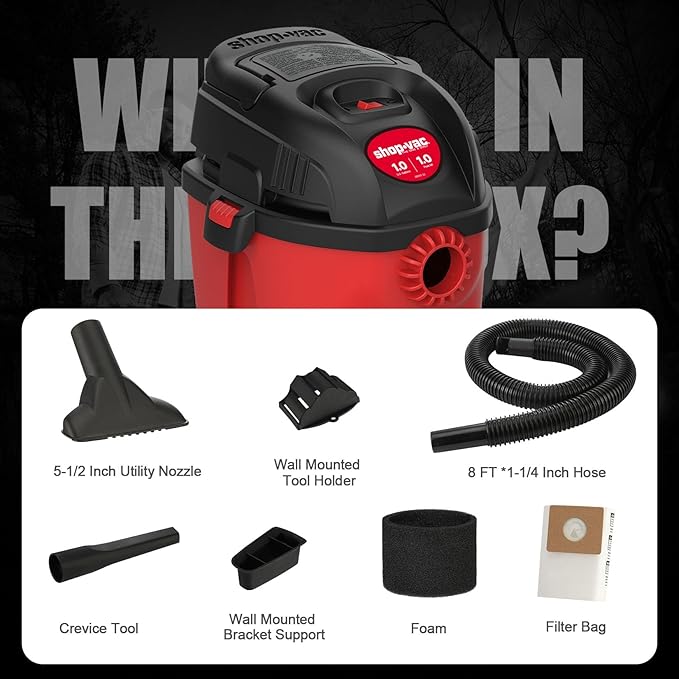 Shop-Vac 2021000 1 Gallon 1 Peak Wet/Dry Vac, Portable Compact Micro Vacuum with Collapsible Handle Wall Bracket & Multifunction Accessories Uses Type A Filter Bag & Type MM Foam Sleeve