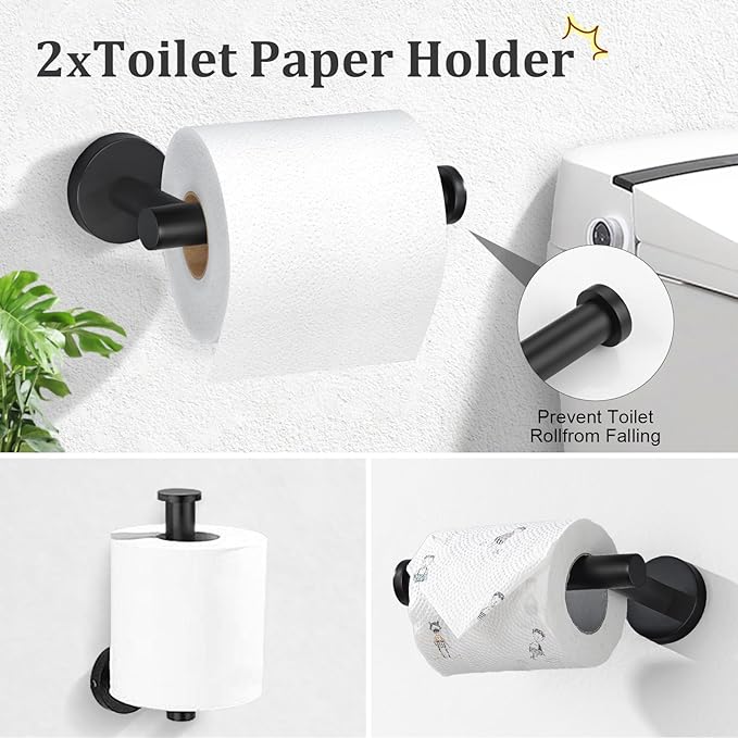 TURS Matte Black 8 Pieces Bathroom Hardware Set, SUS304 Stainless Steel 24 Inch and 20 Inch Bath Towel Bar Set, Round Bathroom Accessories Kit Wall Mounted Towel Holder