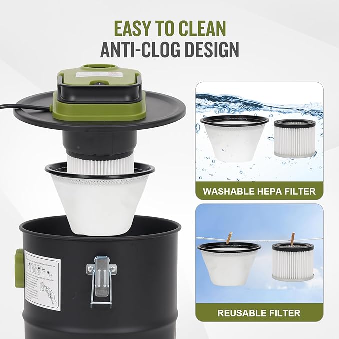 Ash Vacuum Cleaner -2.6 Gallon Fireplace Ash Vac with 800w Powerful Hose Non-Woven Dust Separator | Dry Stove Vacuum for Fireplaces Pellet Grill Wood Stove Fire Pits Green