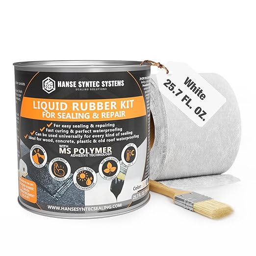 HSS Liquid Rubber KIT White – MS Polymer Sealant for Roof, Cracks, Walls & Any Repairs, Solvent-Free, Flexible Liquid Membrane - incl. Reinforcement & Brush - White - 25.7oz