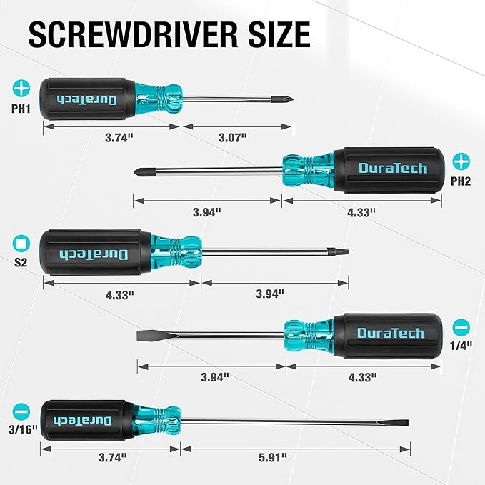 DURATECH 5 PCS S2 Steel Screwdriver Set, Professional Screwdrivers with Non-Slip Cushion Grip & Marked Specifications, 2 Phillips 2 Flathead and 1 Square Head Screw Driver, for Home and Industrial Use