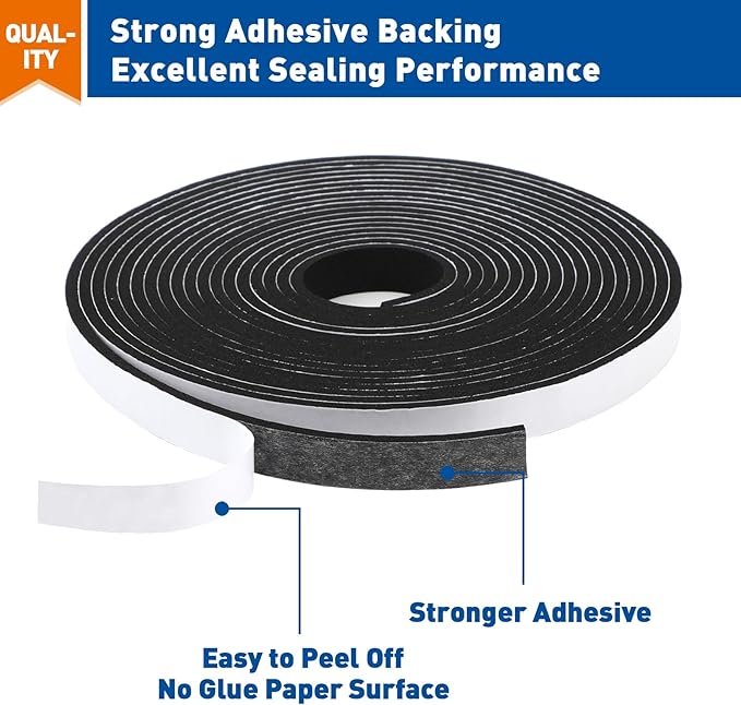 MAGZO Door Weather Stripping, 1/2 Inch W X 1/8 Inch T X 198 Ft Total Weatherstripping Foam Tape Soudproof for Windows 16.5 ft X 12 Rolls, Black