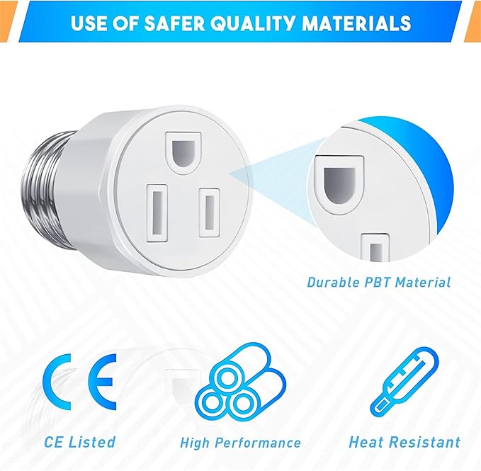 2 Packs E26/ E27 3 Prong Light Bulb Socket Adapter, Polarized Light Socket Outlet, Lights Sockets to Plug Adapter Sockets Converter, Lights Bulb Plug Adapters for Patio, Garage, Porch, White