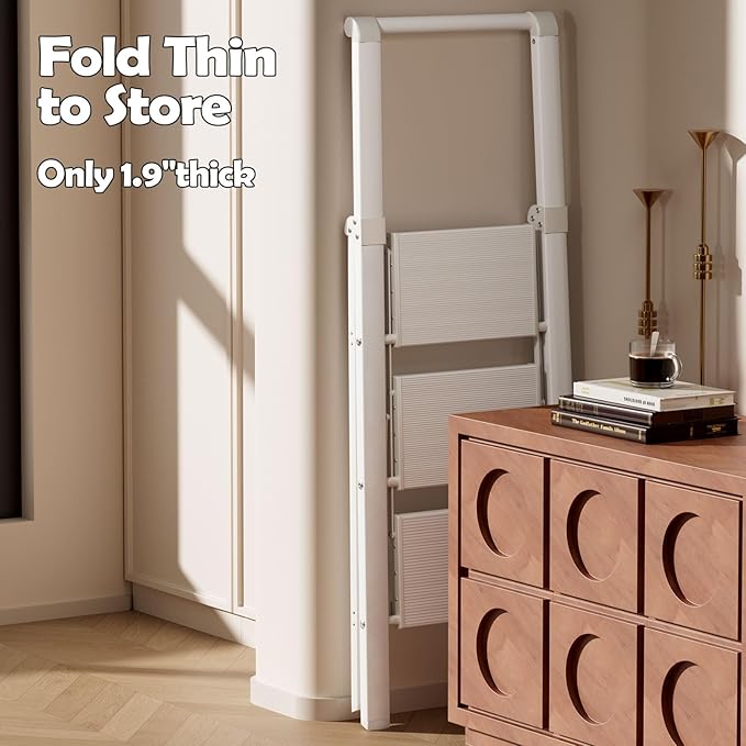 Taranta 3 Step Ladder, Portable Folding Ladder with Wide Pedal, Lightweight Aluminum Step Stool with Convenient Handgrip, 330 lbs Capacity Stepladder for Home, Office - White