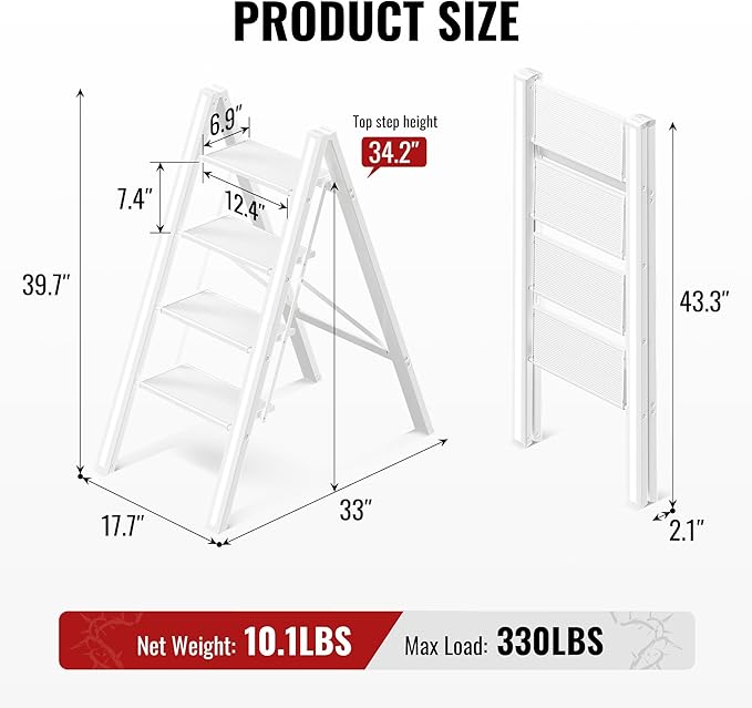 GameGem 4 Step Ladder, Aluminum Folding Step Stool with Anti-Slip Sturdy and Wide Pedal, Lightweight Portable Stepladder for Home and Kitchen Use, Cream White, 330 lbs