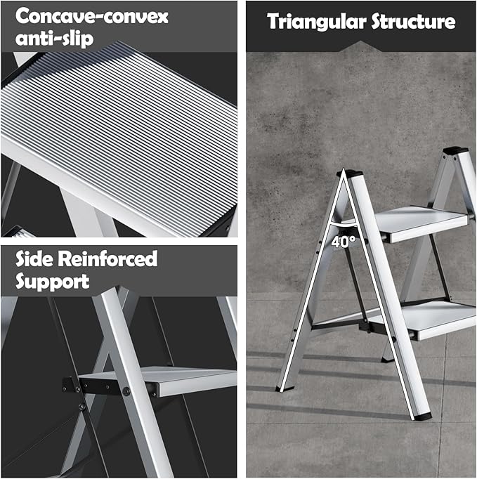 Taranta 2 Step Ladder,Aluminum Lightweight Folding 2 Step Stool with Anti-Slip Wide Pedal,330lbs Capacity Step Ladder for Household,Kitchen,Office - Silver