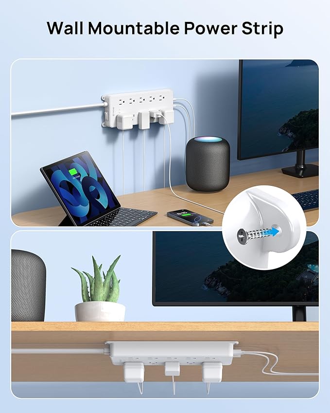 TROND 360° Rotating Plug Surge Protector Power Strip, 4000J, ETL Listed, 2 USB A and 2 USB C, 10 Widely Spaced Outlets, Flat Plug 5ft Extension Cord, Wall Mountable, for Home Office, White