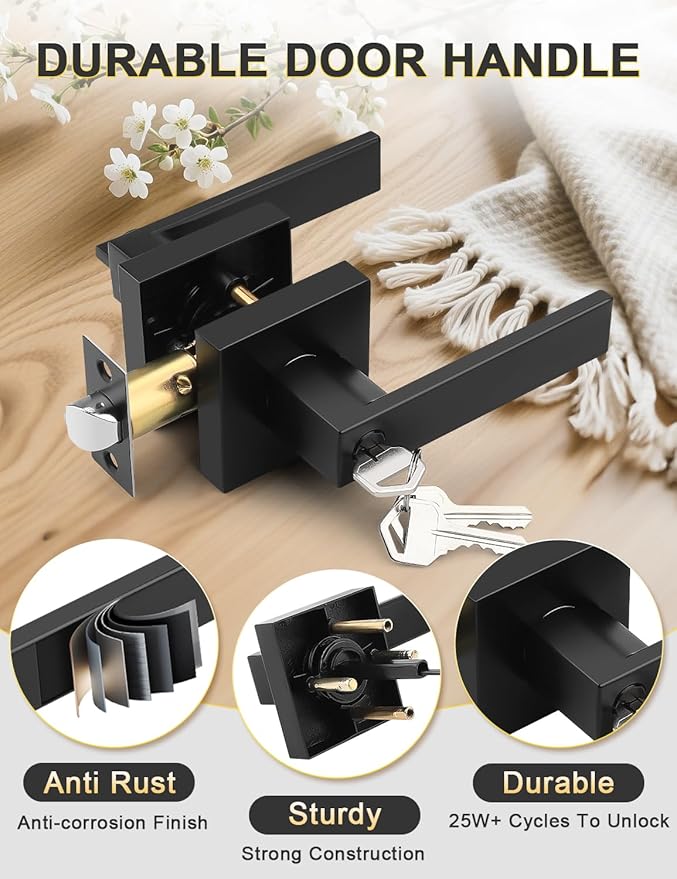 6 Pack Entry Door Levers with Lock and Key, Matte Black Keyed Alike Lockset Combo Pack, Entrance Door Handles for Office and Front Door, Door Knobs Lockset (Each with 3 Keys)