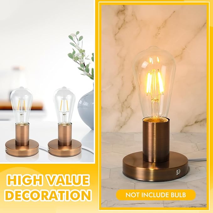 Tuanse 2 Pcs Polished Metal Desktop Lamp Base E26 E27 Screw Light Bulb Holder Sockets Night Light Base Lamp Replacement for Holding Bulb 6 Feet Cord on Off Switch Plug (Copper,Aluminum)