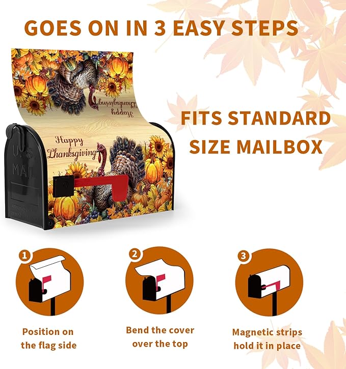 Happy Thanksgiving Turkey Mailbox Covers Magnetic Standard Size 21 x 18 Inch Fall Sunflower Pumpkin Mailbox Cover Wrap Thanksgiving Letter Box Post Cover Outdoor Decorations for Garden Yard