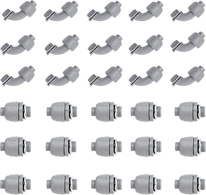 3/4 inch Liquid Tight Connector PVC Flexible Conduit Connector UL Listed Liquid Tight Connector Non-Metallic Electrical Conduit Fittings 30 Pack (15 Pcs 180D/15 Pcs 90D)