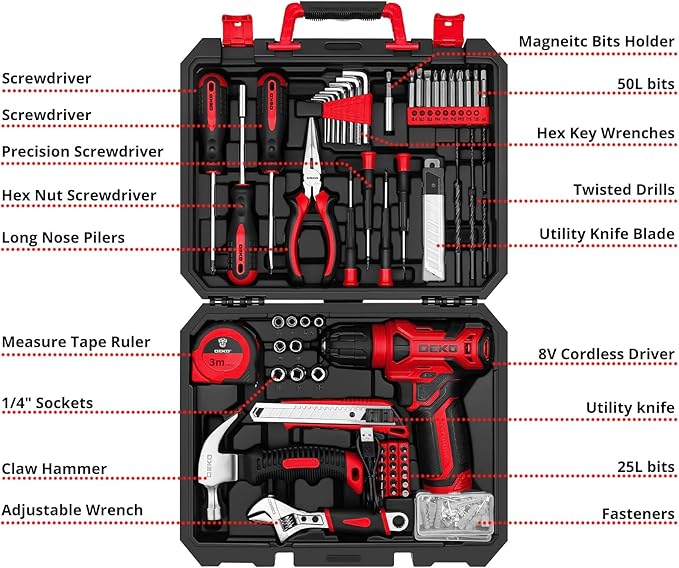 DEKOPRO Drill Set: Tool Set with 8V Red Cordless Drill, Home Tool Kit with Drill, Hand Tool Kits for Women 126 Piece