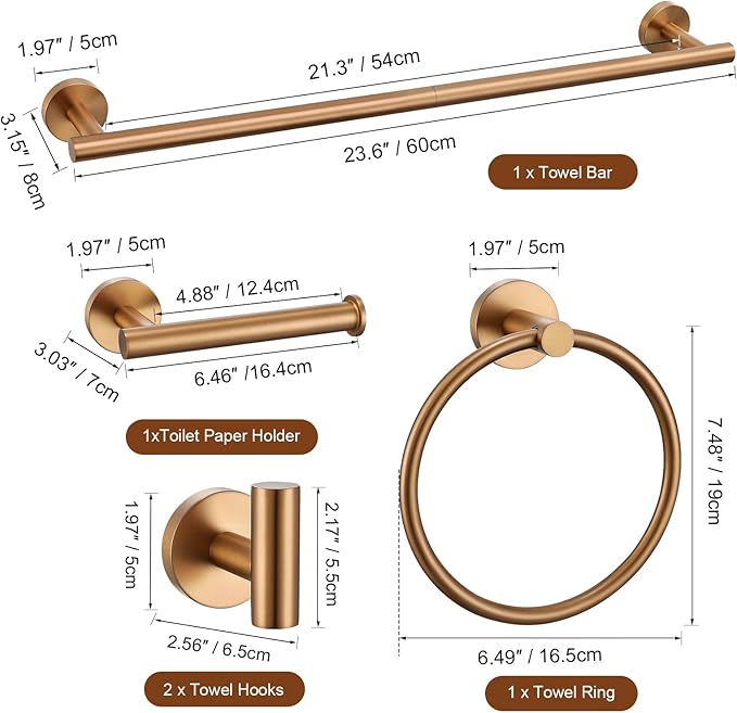 TURS Brushed Rose Gold 5 Piece Bathroom Hardware Set, SUS304 Stainless Steel 23.6 Inch Bath Towel Bar Set, Round Bathroom Accessories Kit Wall Mounted