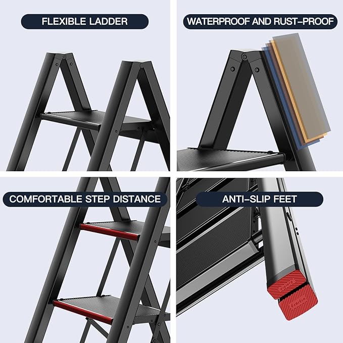 GameGem 4 Step Ladder Folding Step Stool with Anti-Slip Sturdy and Wide Pedal for Adults&Elderly, Aluminum Portable Lightweight Stepladder for Home Kitchen Office, Black, 330lbs