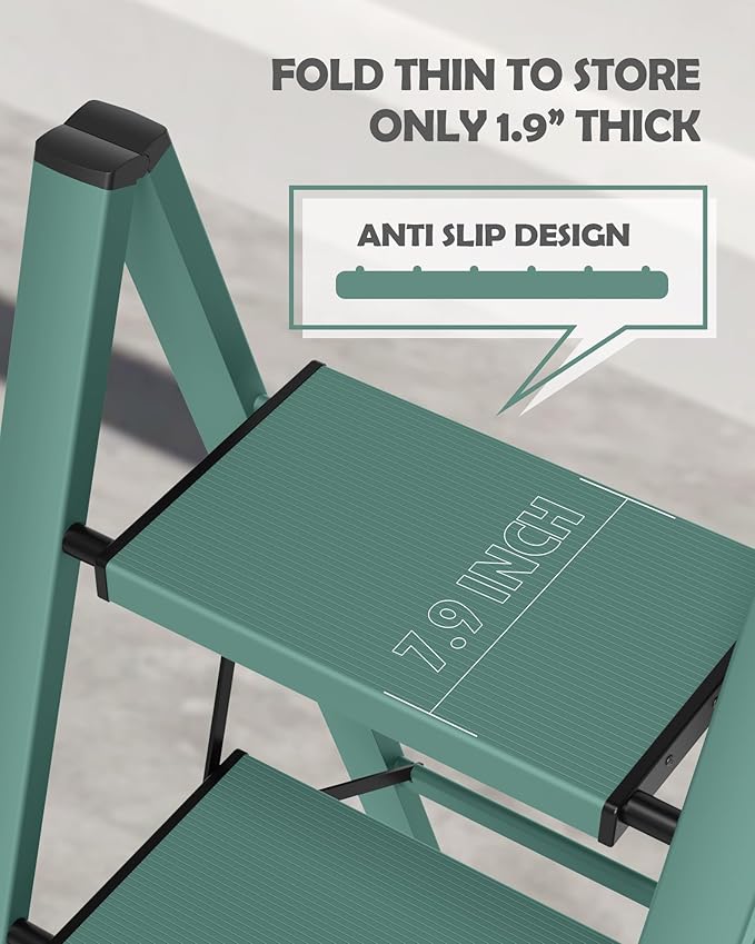 Taranta 3 Step Ladder,Aluminum Lightweight Folding 3 Step Stool with Anti-Slip Wide Pedal,330lbs Capacity Step Ladder for Household,Kitchen,Office - Green