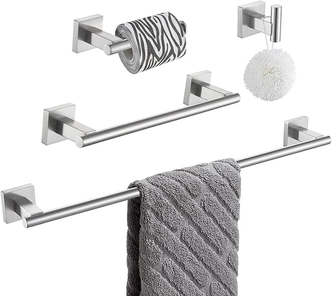 Suyar Bathroom Hardware Set Brushed Nickel, 304 Stainless Steel Bathroom Accessories 4 Pieces, Include Robe Hook, Toilet Paper Holder, Hand Towel Holder, Towel Bar, Wall Mount