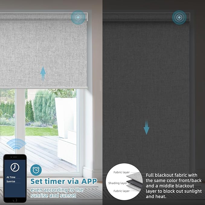SmartWings Motorized Smart Blinds with Remote, Automatic Blackout Roller Shade Work with Alexa Homekit Thread Google Z-Wave, Electric Blind for Window, Custom Width Up to 110" W,Bouvardia Light Grey