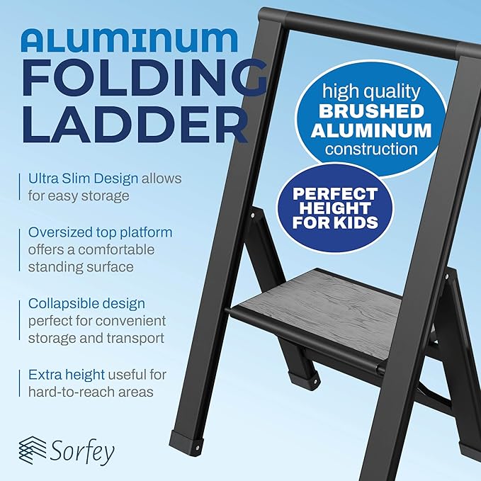 Step Ladder 1 Step Folding, Decorative - Beautiful Gray Wood & Black Aluminum, Ultra Slim Profile, Anti Slip Steps, Sturdy-Portable for Home, Office, Kitchen, Photography Use,by SORFEY