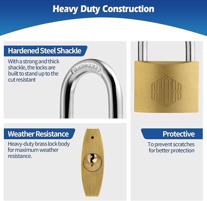 HOX Solid Brass Keyed Different Padlock with 1-9/16-Inch Wide Body, Brass Cylinder - for Hasp Latch, Sheds, Fences, Storage Locker, 12-Pack
