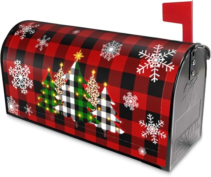 Christmas Tree Mailbox Covers Magnetic Red Black Buffalo Plaid Mailbox Post Cover Winter Snowflakes Post Wrap Standard Size 18 X 21